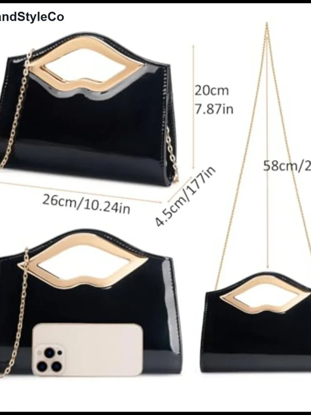 Patent Leather Evening Clutch Purse Lip Metal Grip Handle Handbag for Cocktail